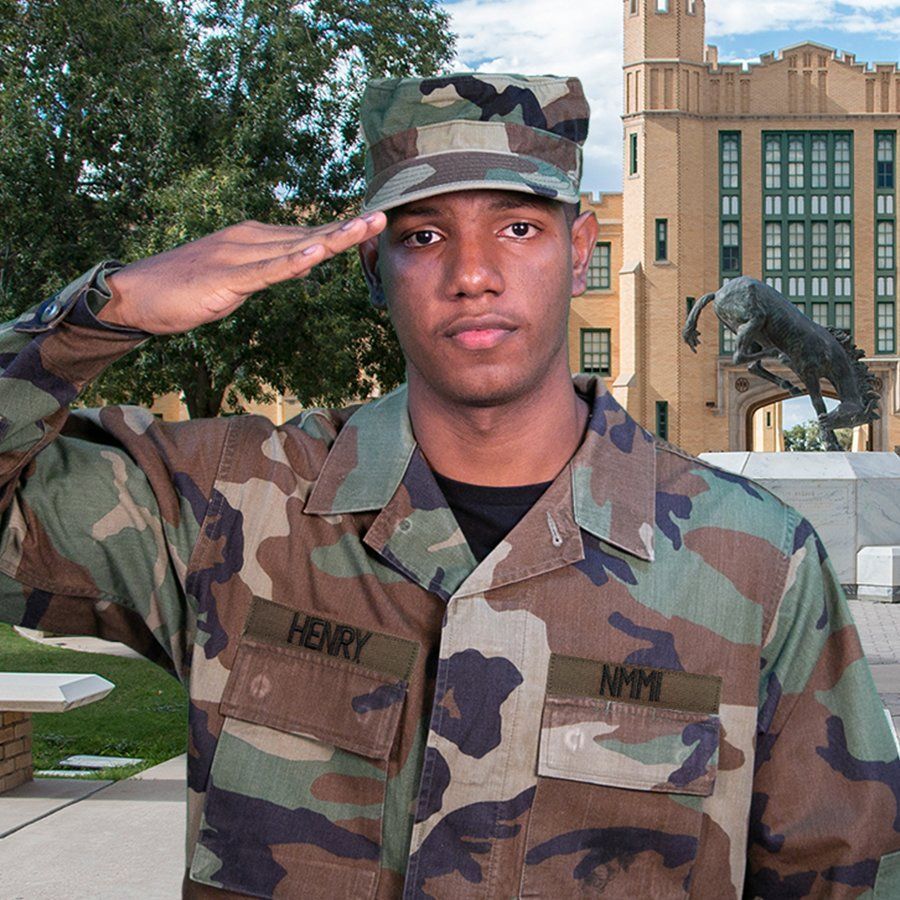 Portrait collage of a young athlete in military uniform and a university building