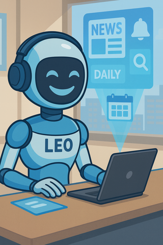 Le robot bleu, LEO, sourit tout en travaillant sur un ordinateur portable, avec des icônes d'actualités dans une superposition numérique.