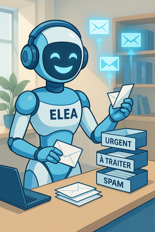 Un robot bleu trie le courrier dans des boîtes étiquetées « Urgent », « À traiter » et « Spam » à un bureau. Il sourit avec un casque.