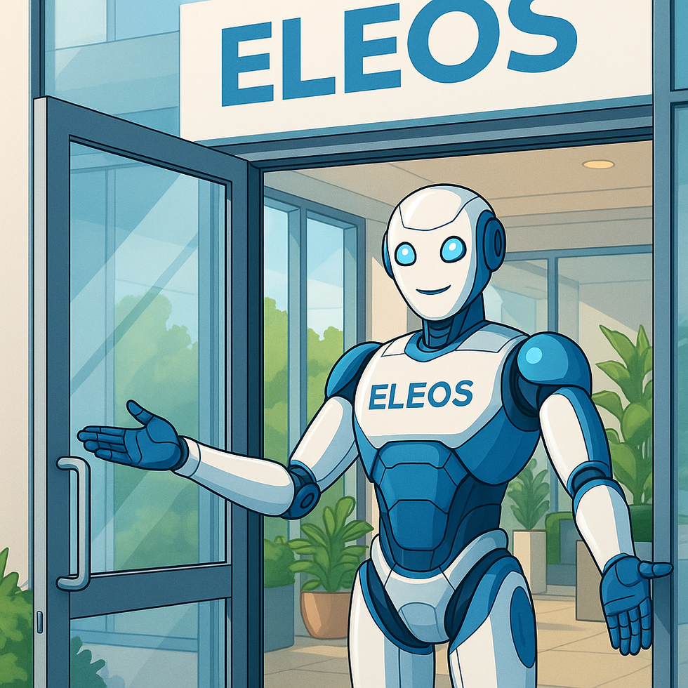 Un robot accueille les visiteurs à l'entrée des bureaux d'ELEOS. Bleu et blanc, geste de la main, bâtiment moderne.