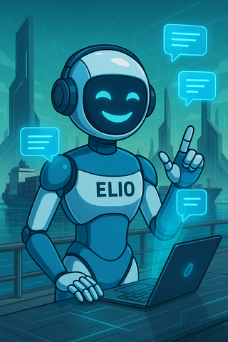 Le robot « Elio » avec un casque, souriant, pointant des bulles de discussion flottantes, travaillant sur un ordinateur portable. Paysage urbain bleu en arrière-plan.