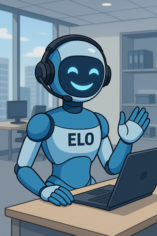 Robot bleu souriant avec un casque au bureau, faisant signe à un ordinateur portable, « ELO » sur sa poitrine.