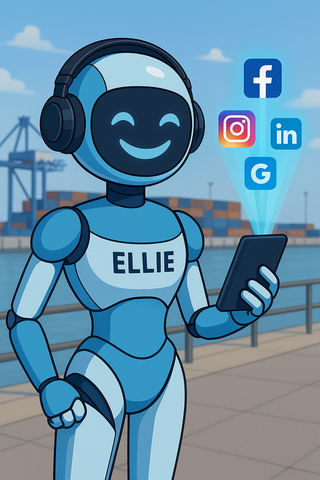 Le robot bleu « Ellie » avec un casque, souriant, tenant un téléphone projetant des icônes de médias sociaux près d'un port.