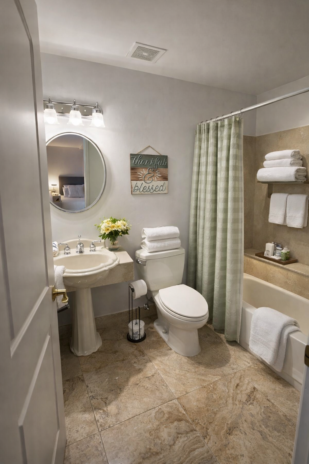 Small bathroom with pedestal sink, toilet, shower curtain, bathtub, towels, and beige tile flooring