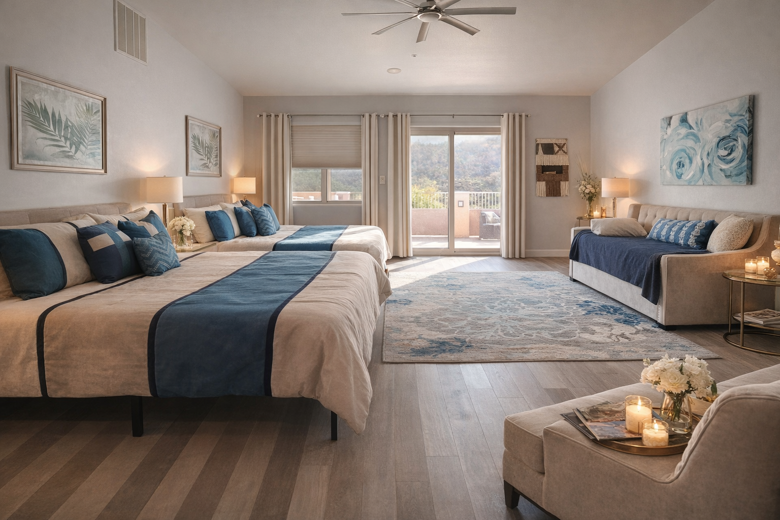 Bright modern bedroom with a king bed, blue accents, armchair, and balcony doors overlooking sunlight.