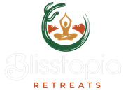 Blisstopia Retreats logo with green and orange meditation icon and text