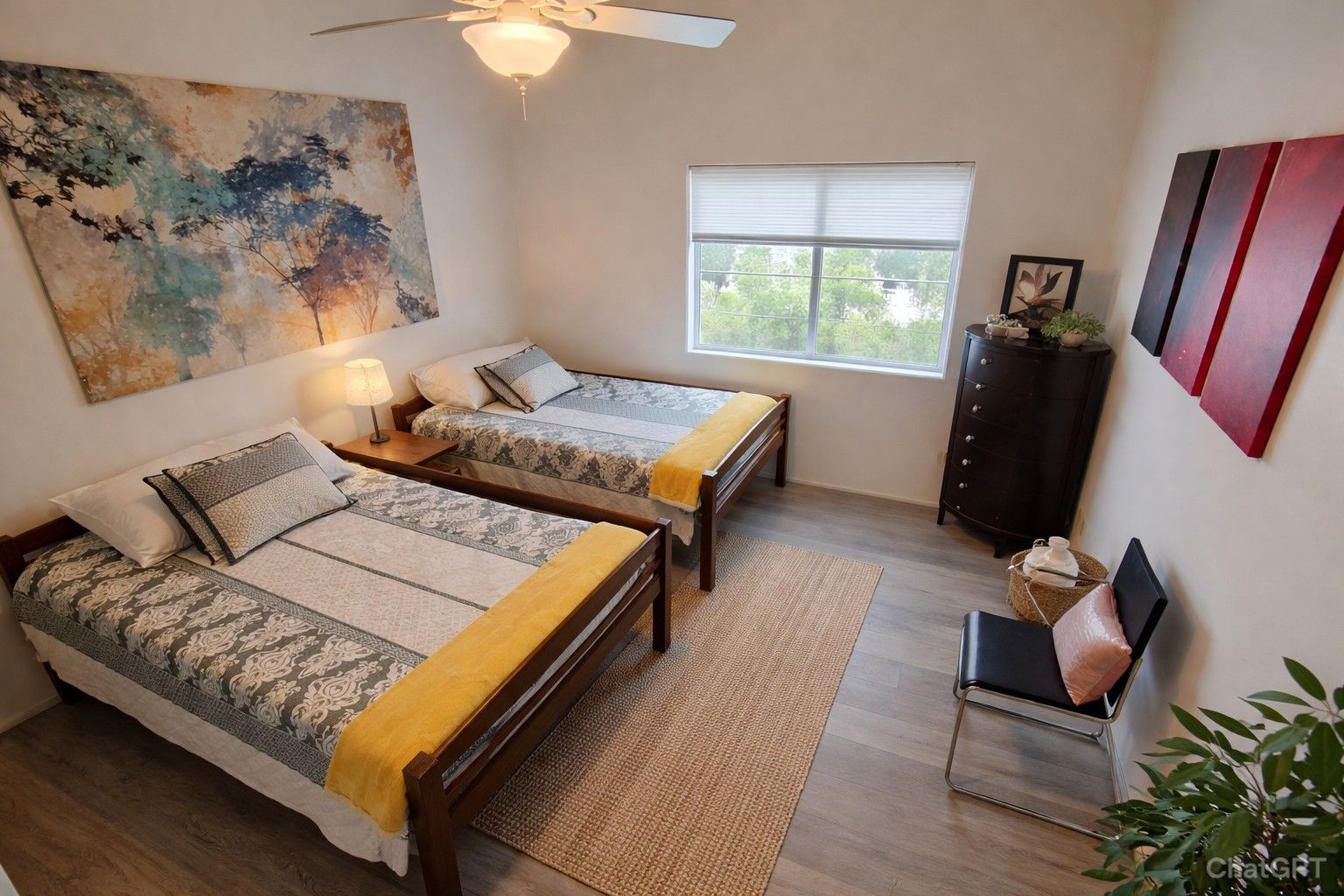 Bright bedroom with two beds, a window, ceiling fan, and colorful wall art