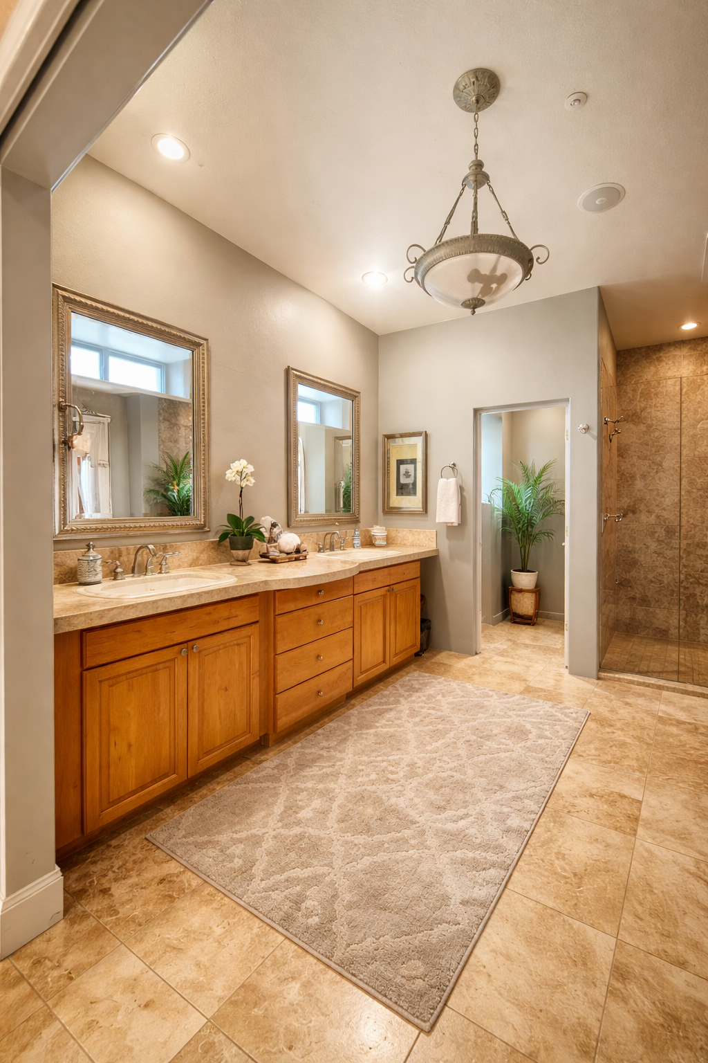 Bright bathroom with double vanity, beige tile floor, large mirror, and pendant light above a centered rug.
