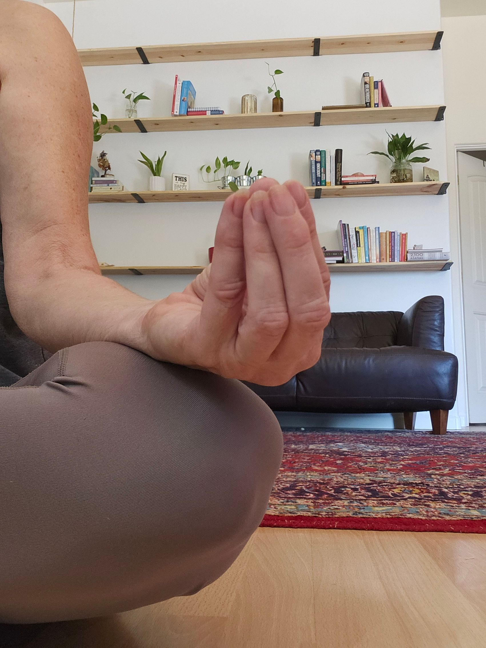 A person is sitting in a lotus position in a living room