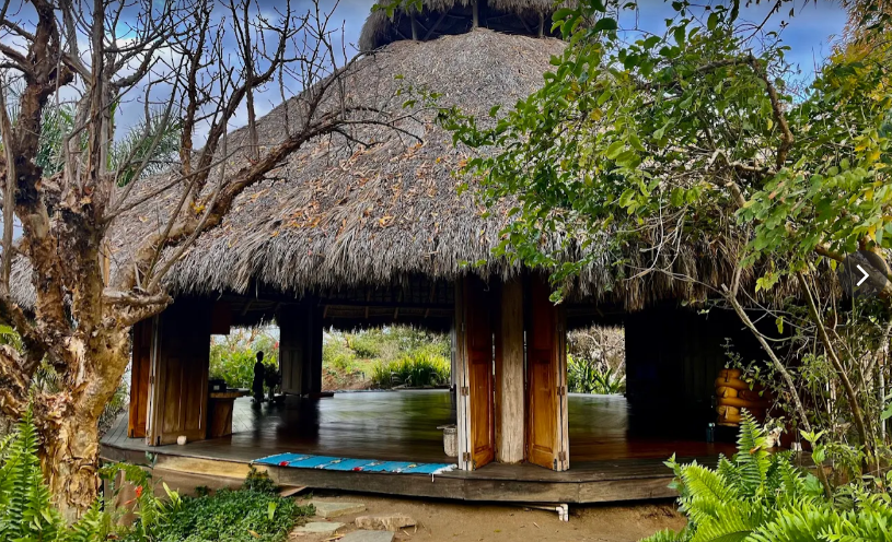 Thatched hut on stilts in a lush tropical setting with trees and a blue canoe in front