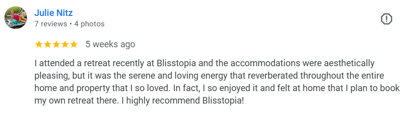 Five-star customer review praising an Airbnb stay, with text over a white background.