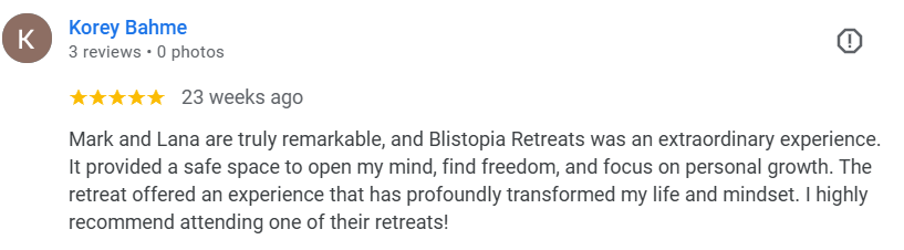 5-star review from Korey Baines praising Mark and Linda for an empowering life-changing experience
