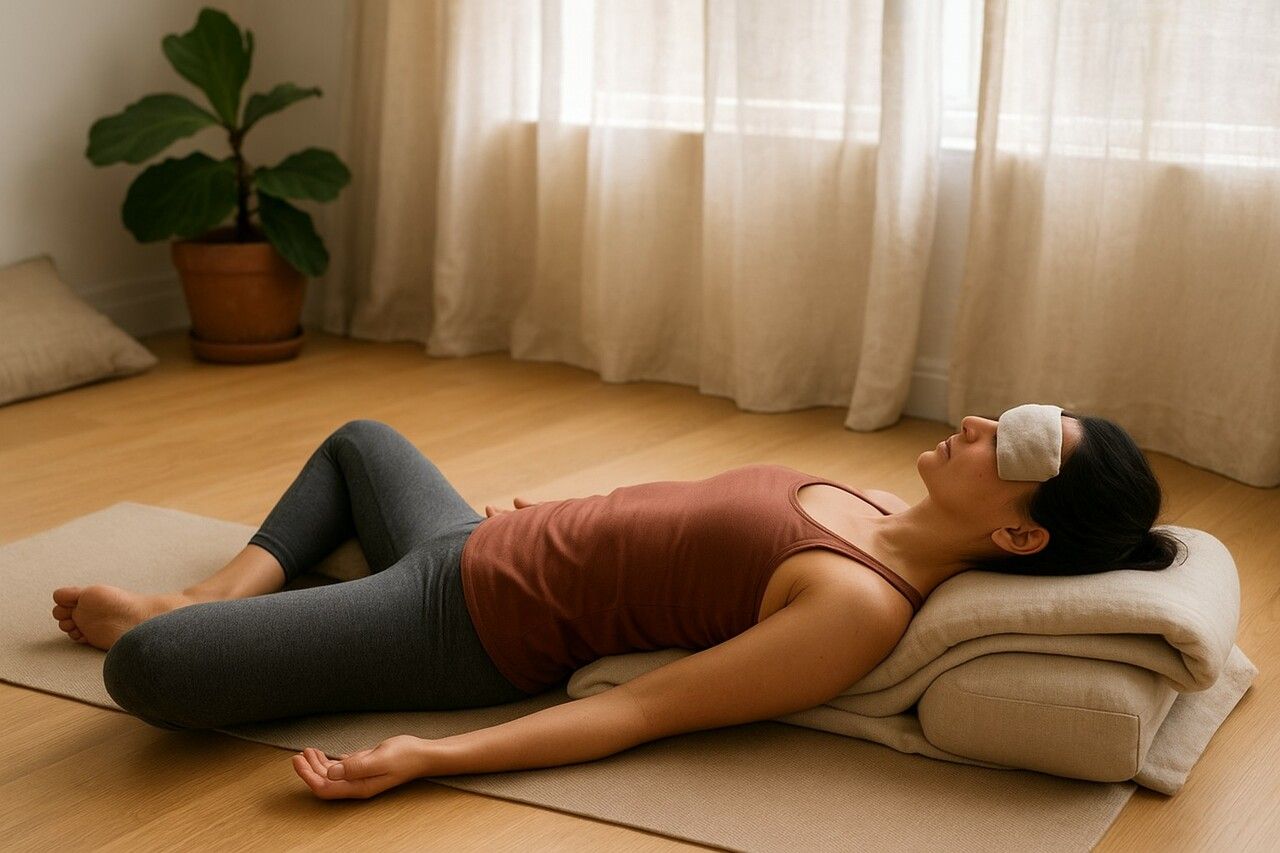 Person lying on a yoga bolster in a calm room with curtains and a potted plant
