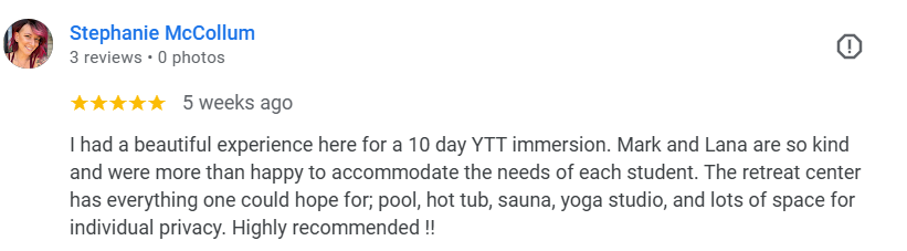 5-star review praising a cozy, well-equipped waterfront cabin with hot tub, kayaks, and playground