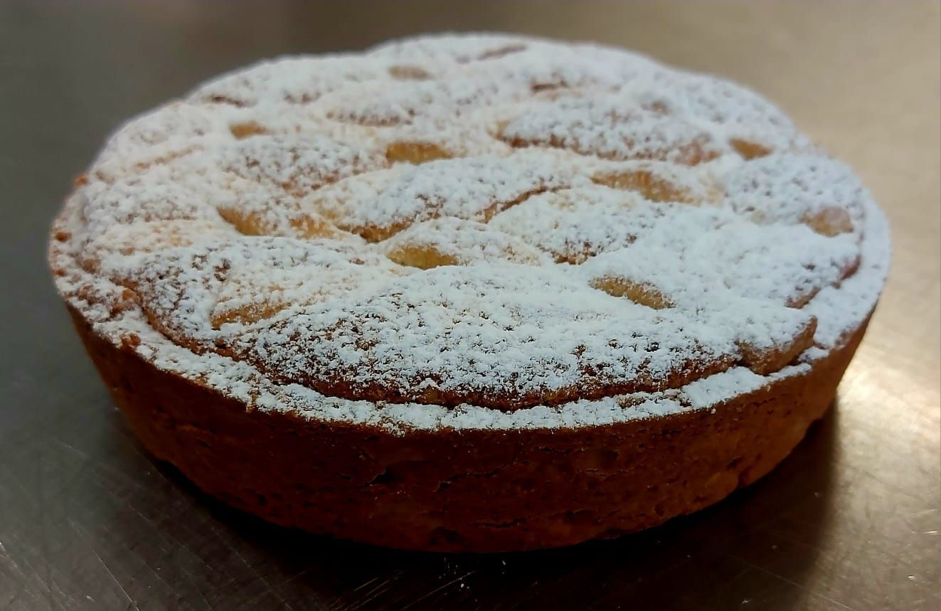 Torta spolverata di zucchero a velo, appoggiata su una superficie metallica.