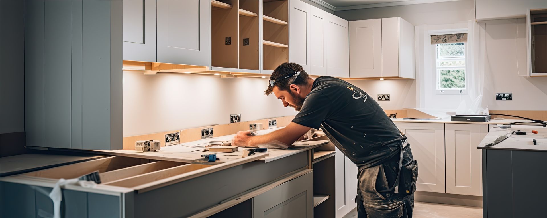 A man works on a kitchen countertop during a remodel. White cabinets and warm lighting are visible.
