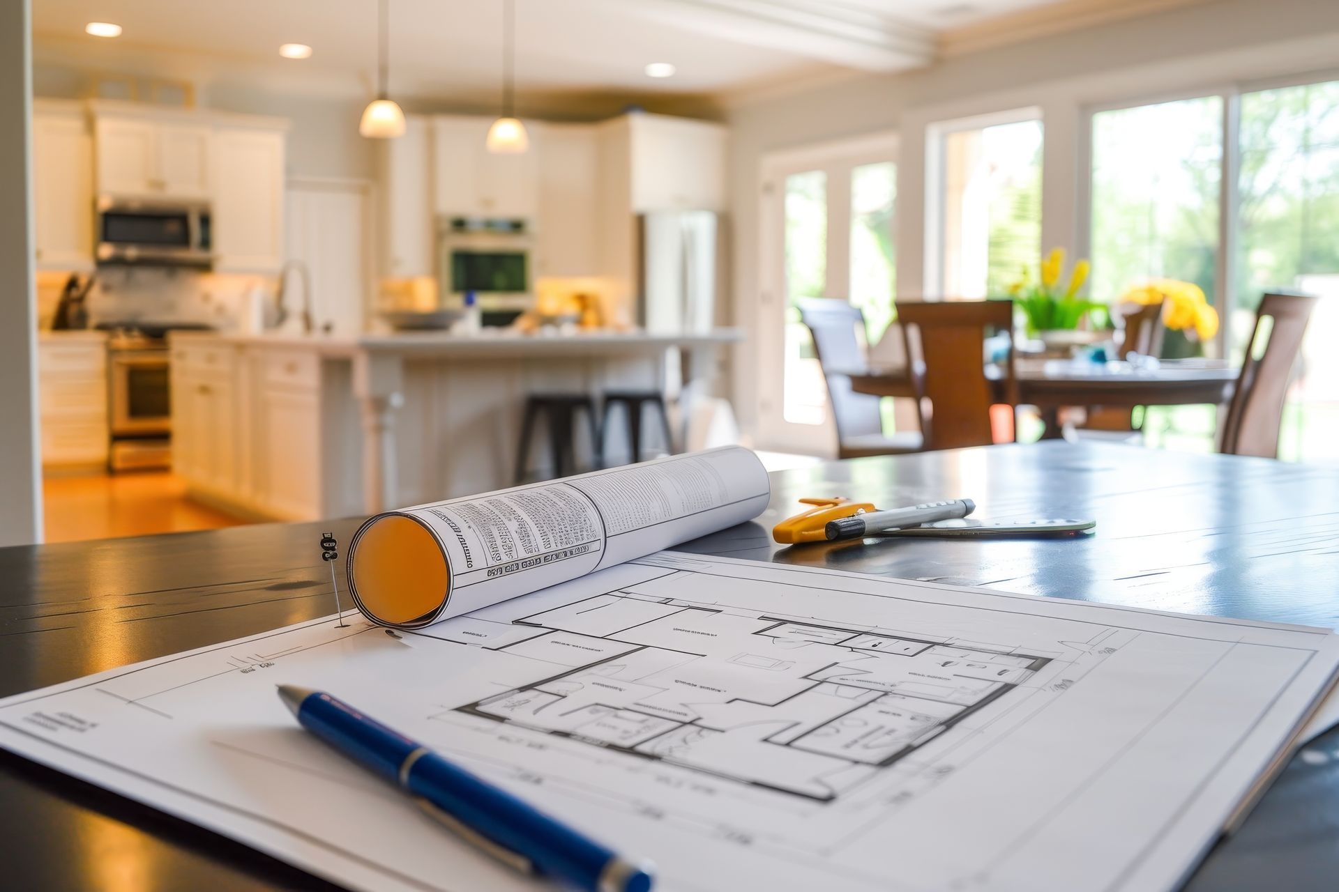 Blueprint with pen and tools on table, kitchen and dining area in background.