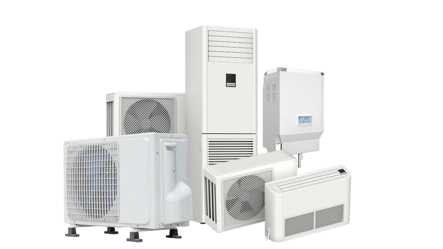 A group of white air conditioners and heater are sitting next to each other.