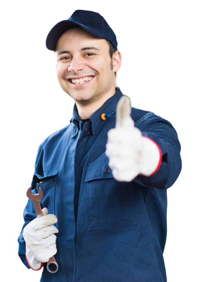 A man in a blue uniform is holding a wrench and giving a thumbs up