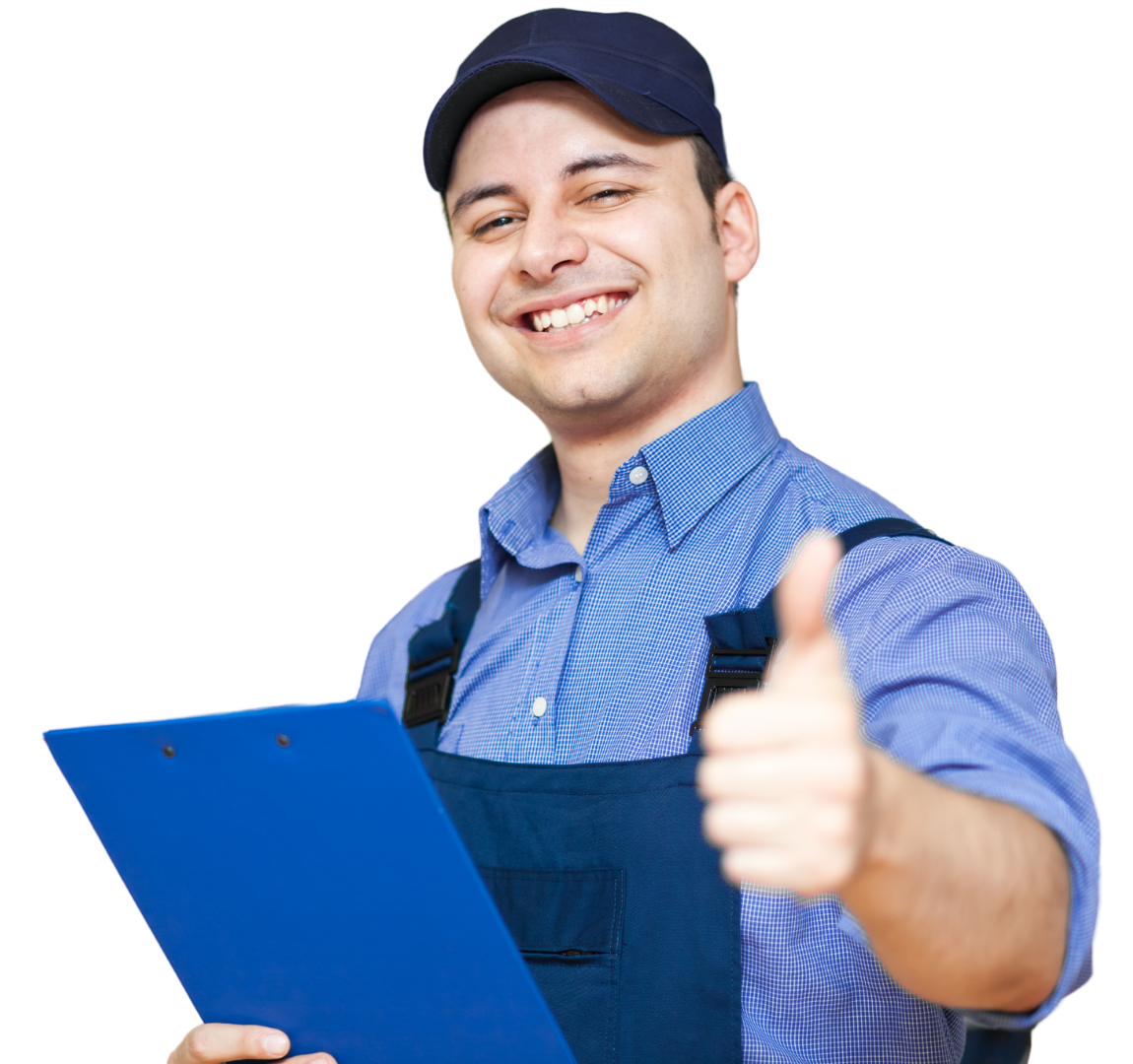 A man in a blue uniform is holding a checklist and giving a thumbs up