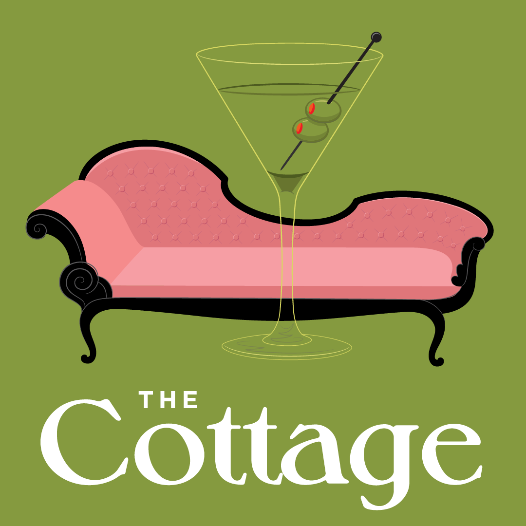 Pink chaise lounge with martini glass; text