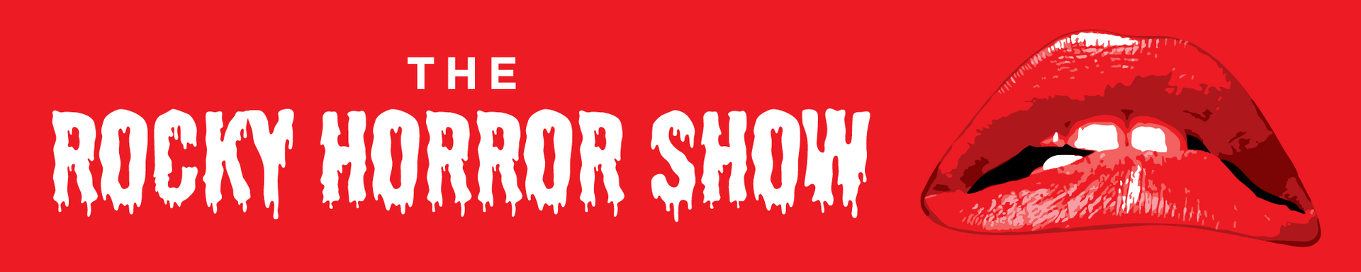 Logo for The Rocky Horror Show: white dripping font on red background, a red mouth.