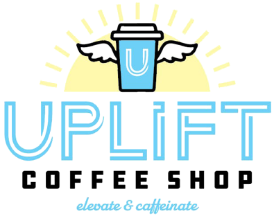 Logo for Uplift Coffee Shop: blue coffee cup with wings, rays of light, and text.