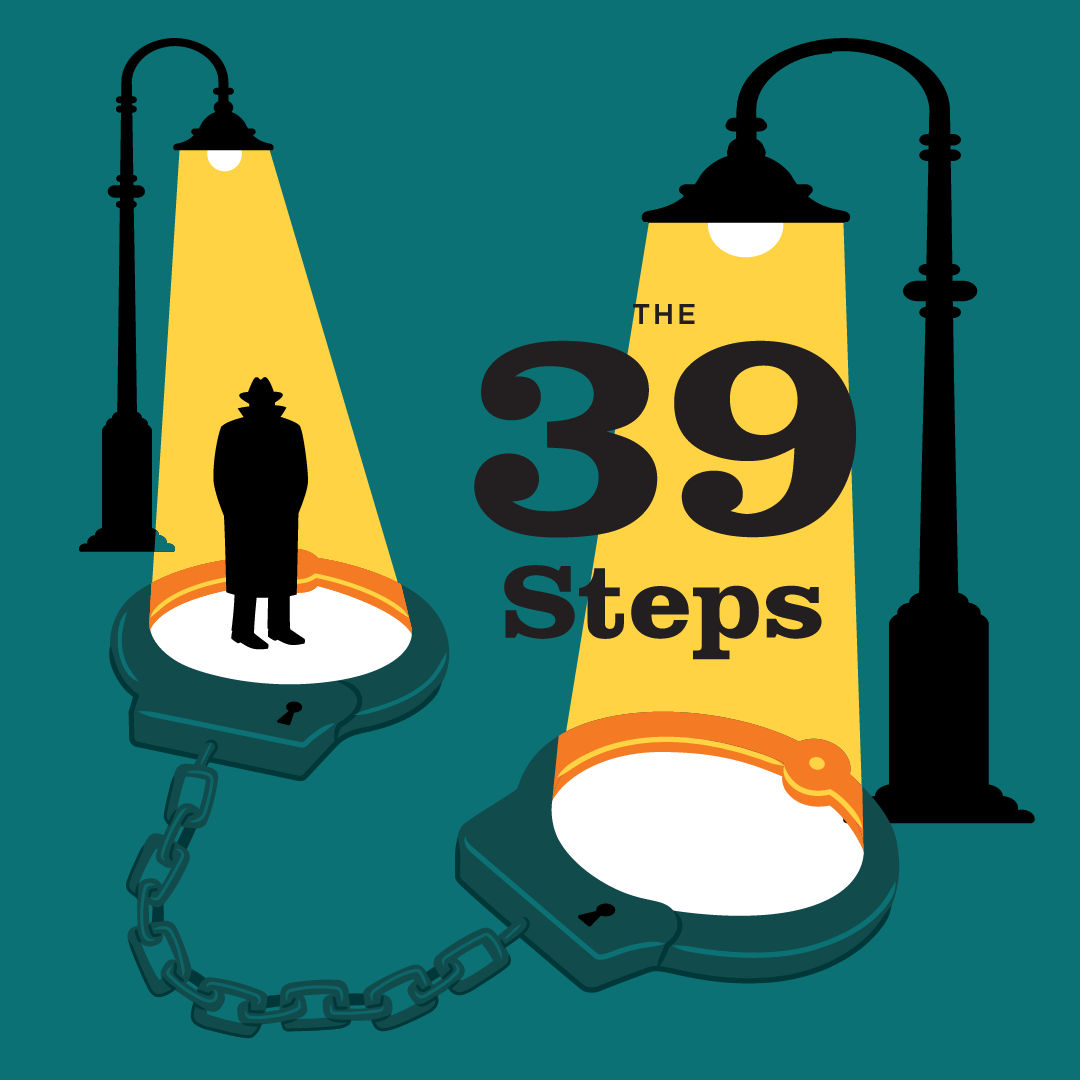 Book cover art for The 39 Steps: a silhouetted figure under streetlamps on a teal background.
