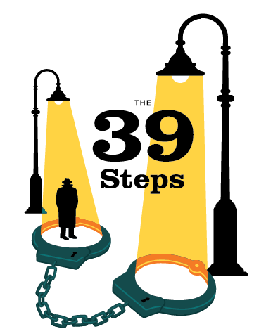 The 39 Steps poster with yellow streetlamps, a silhouetted figure, and a chain and handcuffs