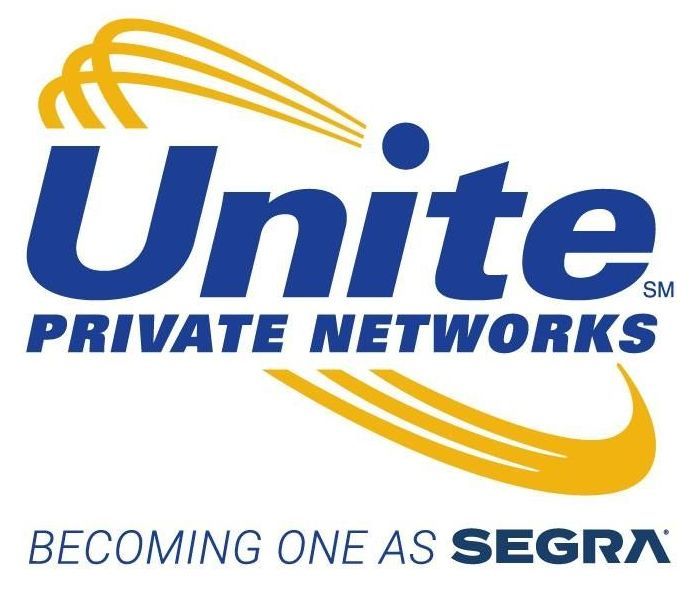 Logo for Unite Private Networks, blue text with gold swooshes. 