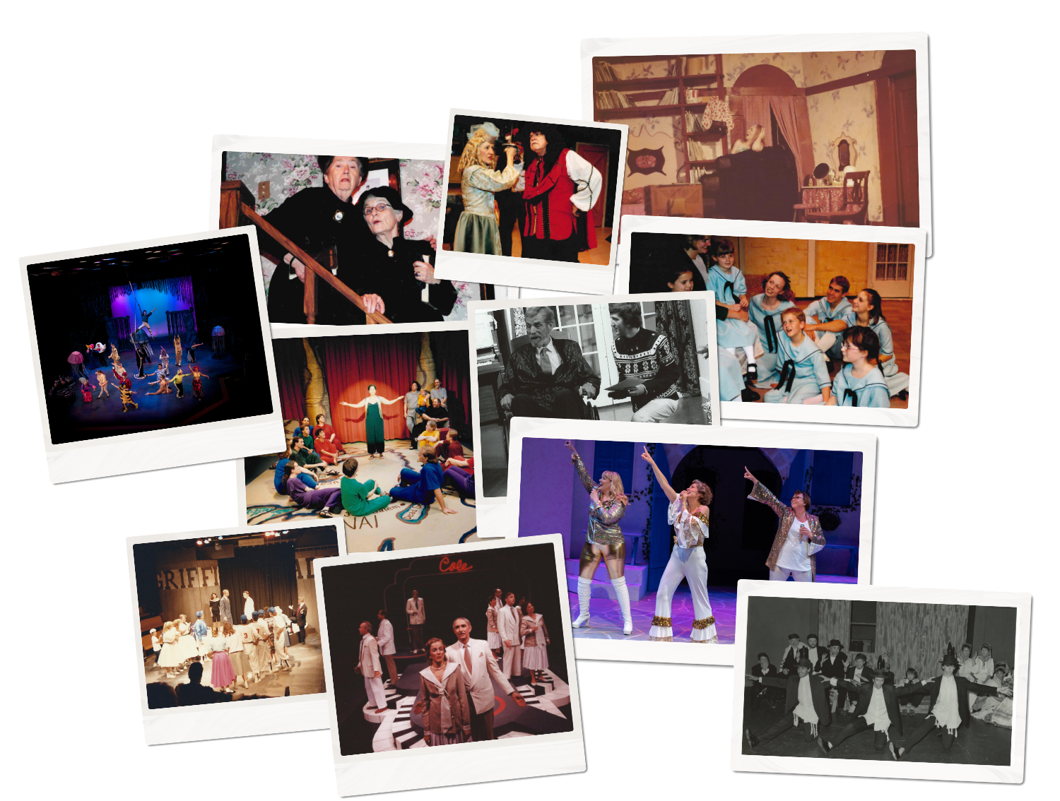 Collage of overlapping stage performance and event photos, including group scenes and a theater stage set