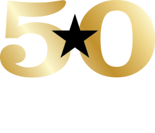 Gold “50” with a black star between the digits on a white background