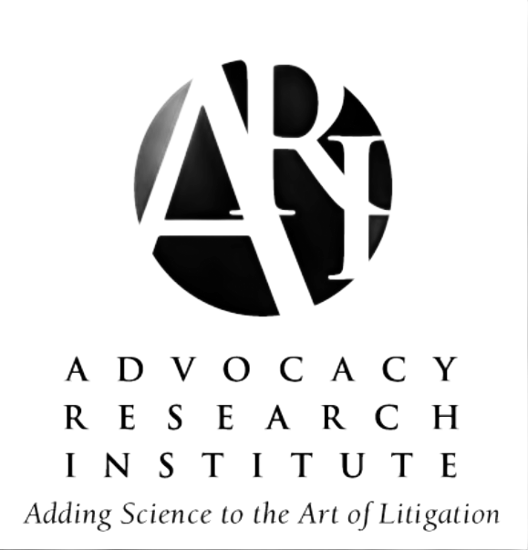 Advocacy Research Institute logo with black ARI monogram and tagline, “Adding Science to the Art of Litigation.”