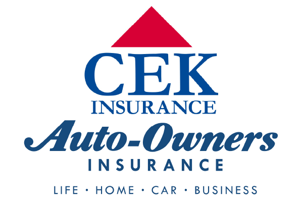 Logo of CEK Insurance, blue text with a red triangle, 