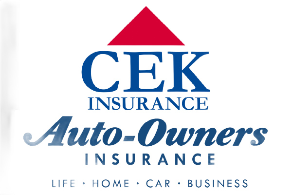 CEK Insurance and Auto-Owners Insurance logo with red roof and blue text, listing life, home, car, business