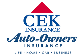 Logo for CEK Insurance, featuring Auto-Owners Insurance. Blue text on white background. Red triangle on top.