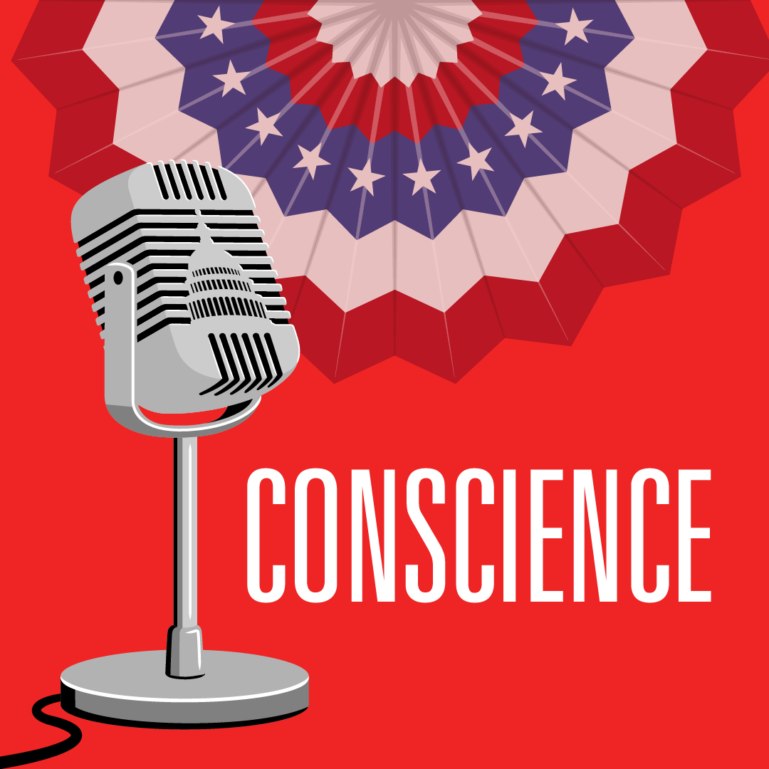 Vintage microphone on red background with patriotic bunting and the word “CONSCIENCE”