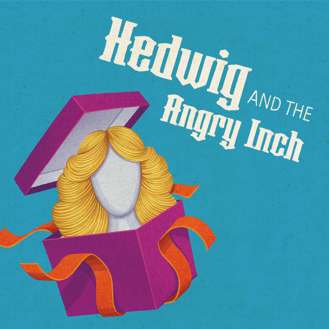 Hedwig and the Angry Inch album art: blonde wig inside a purple gift box, teal background.