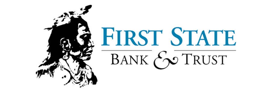 Logo for First State Bank & Trust, featuring a Native American profile and text.