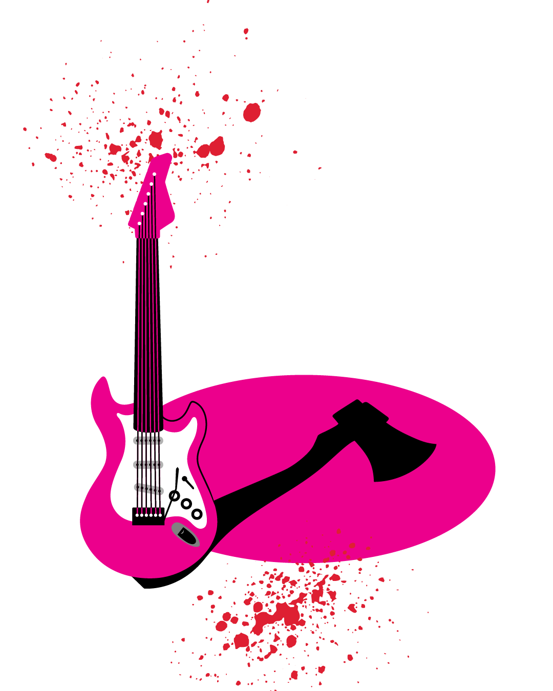 Pink electric guitar over magenta splash with red paint splatters on white background