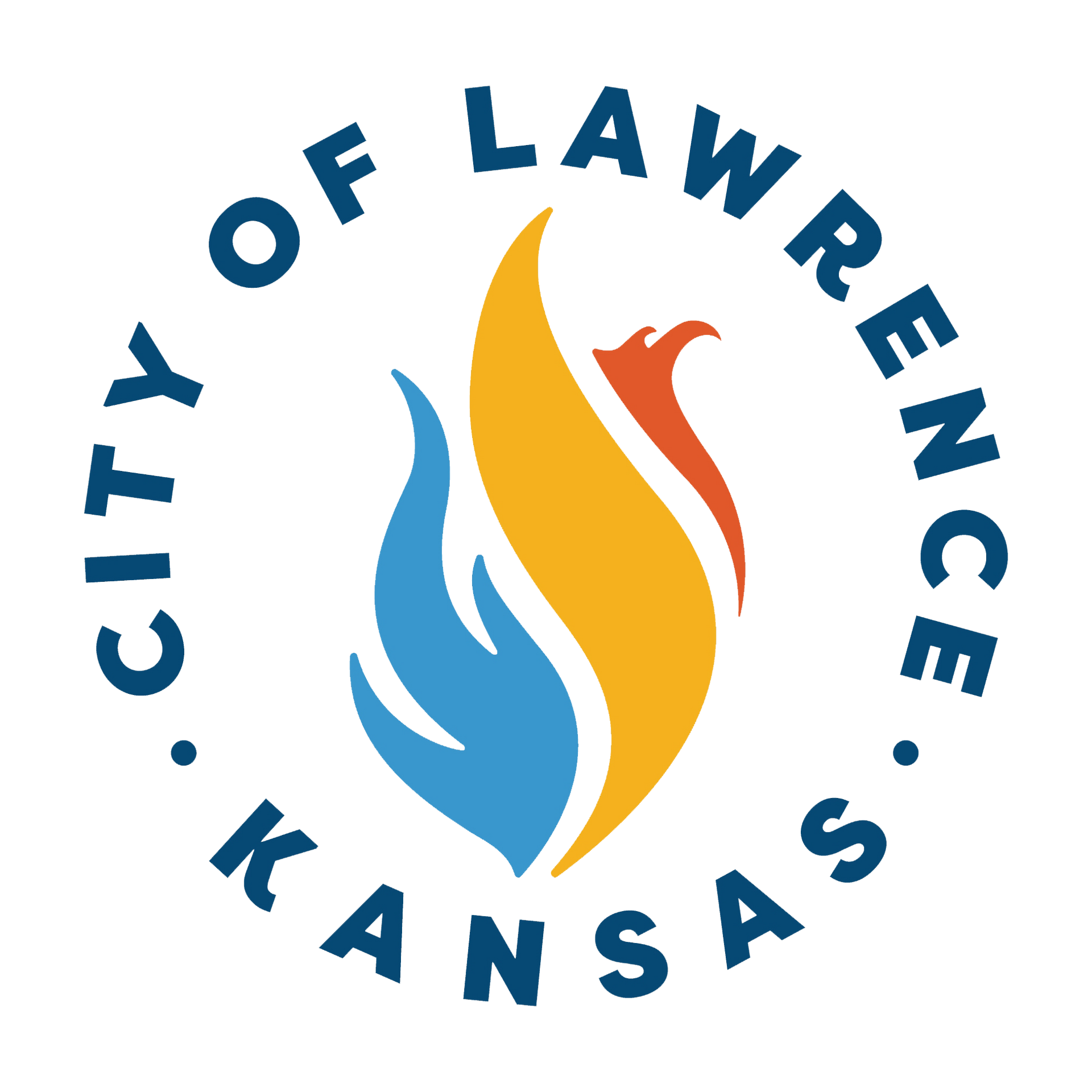 City of Lawrence, Kansas logo with blue, gold, and red flame and circular text