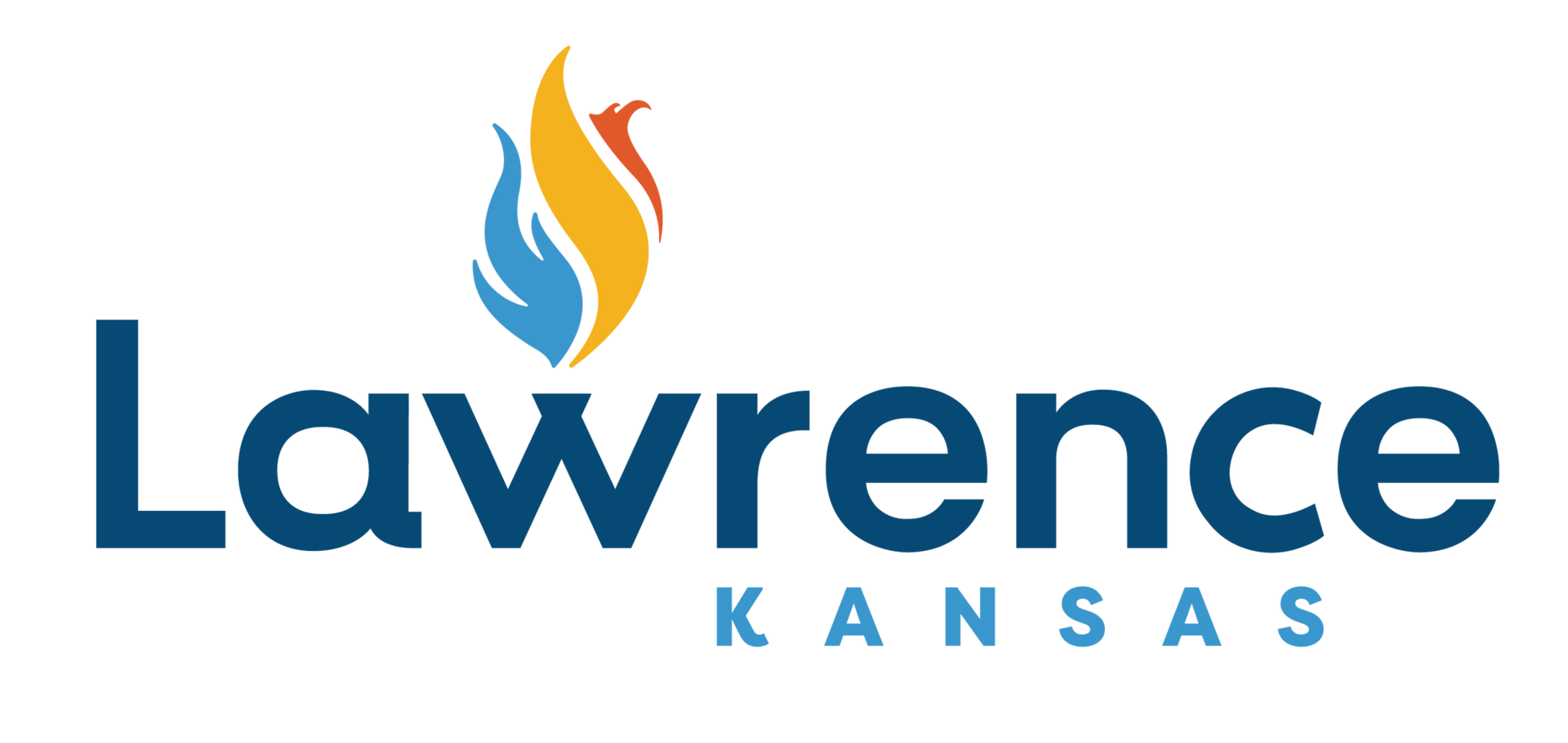Lawrence Kansas logo with a flame icon in blue, yellow, and red.