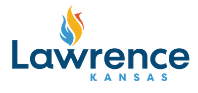 Lawrence Kansas logo with a flame icon in blue, yellow, and red.