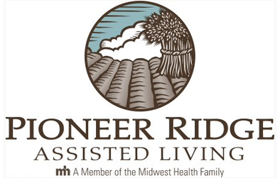 Logo for Pioneer Ridge Assisted Living: a brown and white image of a field with a cloud and a wheat bundle, brown text below.