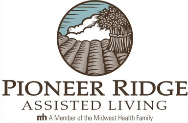 Logo of Pioneer Ridge Assisted Living: brown fields, sky, wheat, and text.