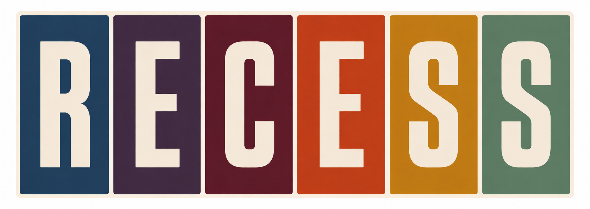 Word “RECESS” in large white letters on multicolored square tiles.