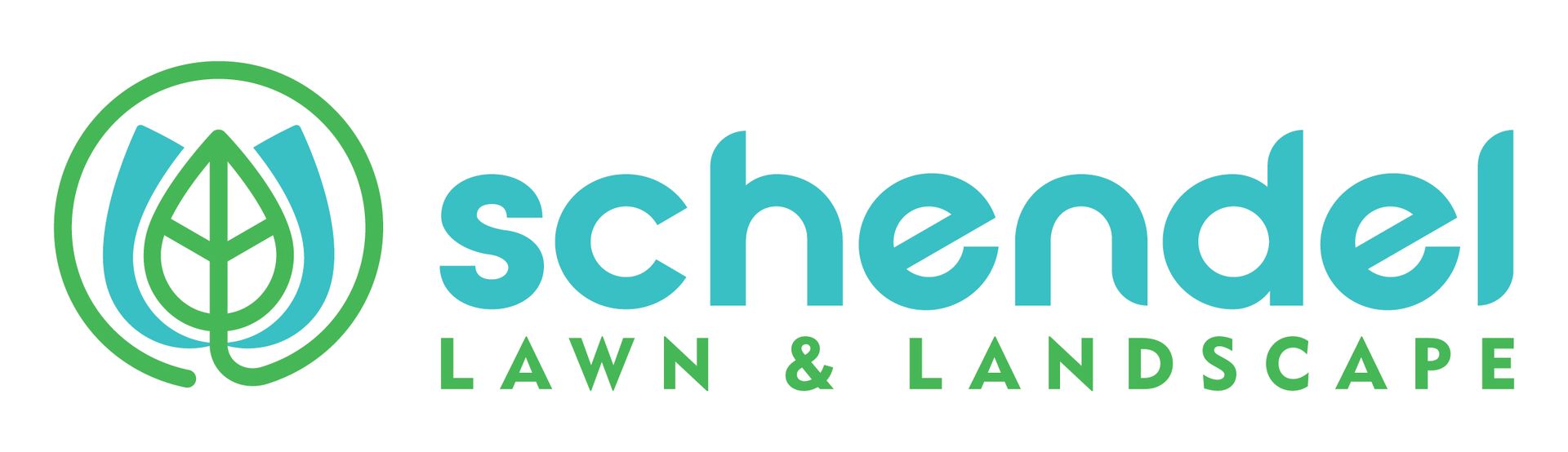Schendel Lawn & Landscape logo with a green and turquoise color scheme. A leaf and a circle.