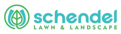 Schendel Lawn & Landscape logo with a green and turquoise color scheme. A leaf and a circle.