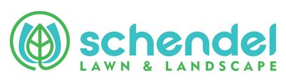 Schendel Lawn & Landscape logo with a green and turquoise color scheme. A leaf and a circle.
