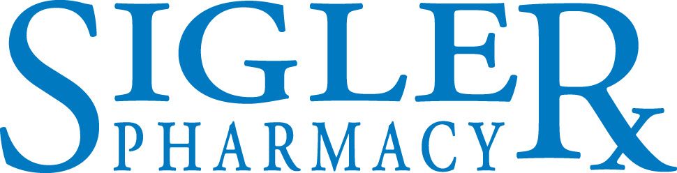 Blue text: SIGLER PHARMACY, with Rx symbol.